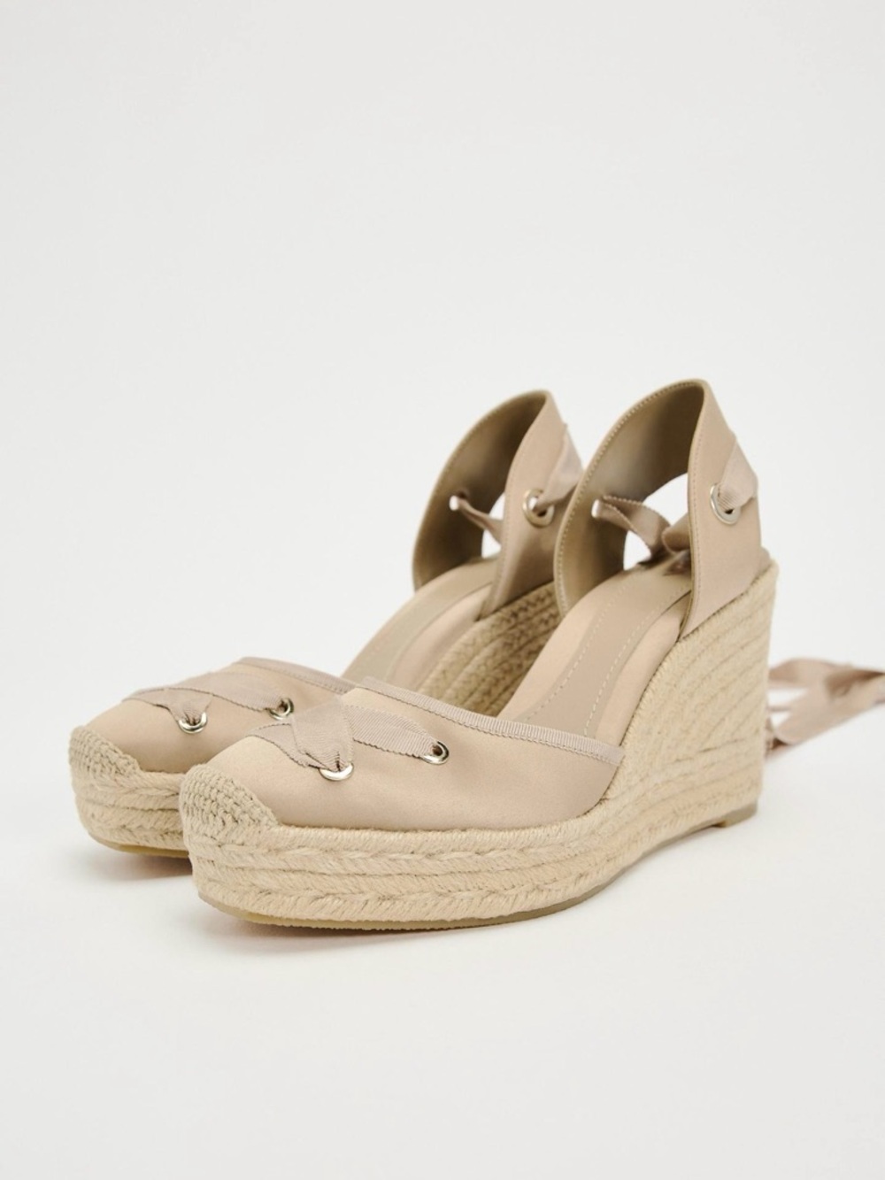 NEW -  Zara Womens Beige Espadrille Wedge Ankle-Tie Sandals - Size 10